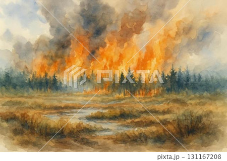 災害　山火事　森林火災　水彩画 131167208