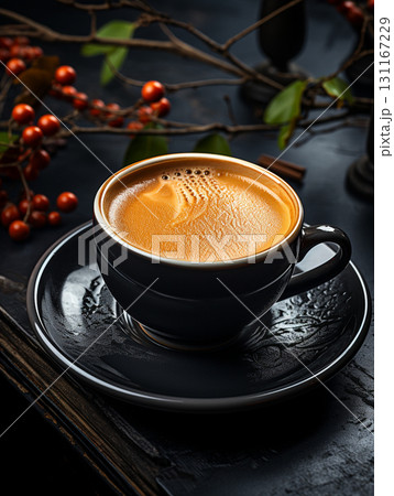 A cup of coffee adorned with detailed latte art sits on a dark saucer atop a rustic wooden table, surrounded by scattered coffee grounds for a cozy, artistic vibe. 131167229