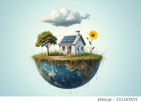 Floating eco house with solar panels and apple tree under rain cloud 131167635