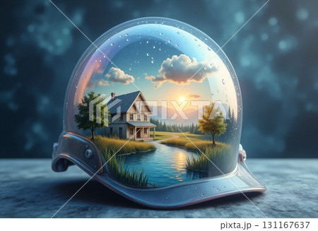 Peaceful forest river scene captured inside safety helmet 131167637