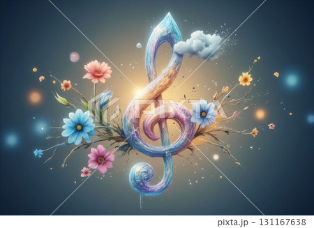 abstract background with musical symbol, treble clef and flowers 131167638