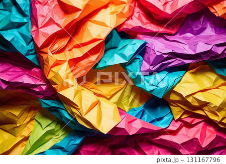 Close-up of a background made of bright multi-colored crumpled paper 131167796