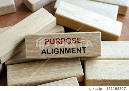 Purpose alignment text written on wooden blocks symbolizing synchronization of goals and mission. 131168207