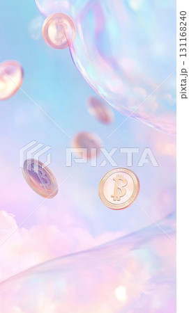 Falling bitcoins concept with golden coins on blue background 131168240