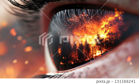 Closeup human eye reflecting apocalyptically massive fire destroyed forest 131168241