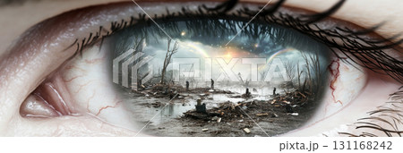 Closeup human eye reflecting apocalyptic end world scenery with barren landscape 131168242