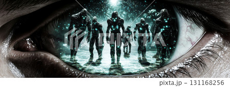 Human eye reflecting alien invasion scene, conceptual and surreal, sci-fi background 131168256