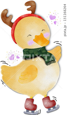 Cute yellow duckling with Christmas decorations and roller skates. Christmas illustration of a yellow duck with scarf and deer's ear. 131168264