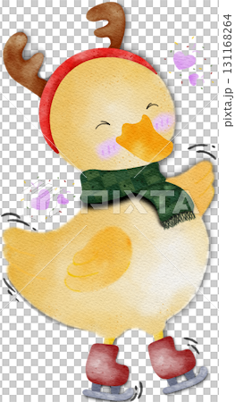 Cute yellow duckling with Christmas decorations and roller skates. Christmas illustration of a yellow duck with scarf and deer's ear. 131168264