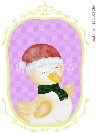 Cute yellow duckling with Christmas decorations and roller skates. Christmas illustration of a yellow duck with scarf and deer's ear. 131168266