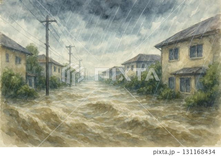 豪雨 河川の氾濫 洪水 住宅街 自然災害 水彩画 豪雨 河川の氾濫 洪水 住宅街 自然災害 水彩画 131168434