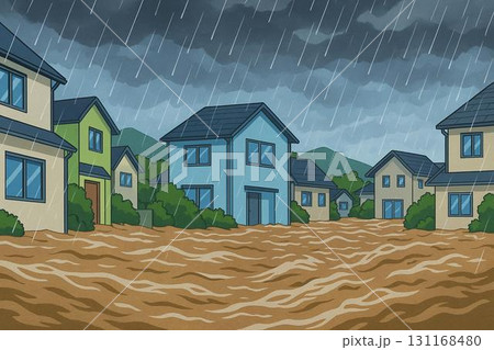 豪雨　河川の氾濫　洪水　住宅街　自然災害　アニメ調 131168480
