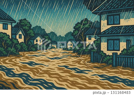 豪雨　河川の氾濫　洪水　住宅街　自然災害　版画調 131168483