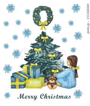 Watercolor Christmas card with christmas tree, christmas wreath, presents and girl. Watercolor illustration for greeting card and invitation. Winter holidays poster. 131168484