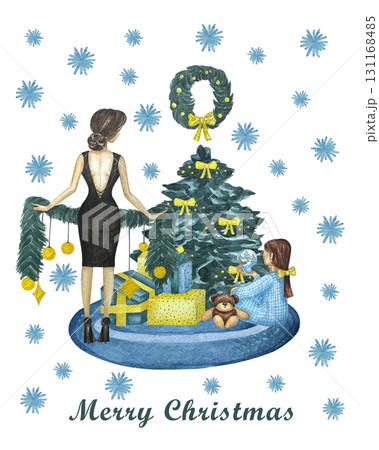 Watercolor Christmas card with christmas tree, christmas wreath, presents and girl. Watercolor illustration for greeting card and invitation. Winter holidays poster. Watercolor Christmas card with christmas tree, christmas wreath, presents and girl. Watercolor illustration for greeting card and invitation. Winter holidays poster. 131168485