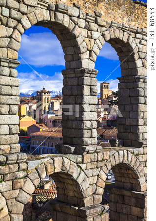 Segovia , Spain - arches of roman aqueduct Segovia , Spain - arches of roman aqueduct 131168553