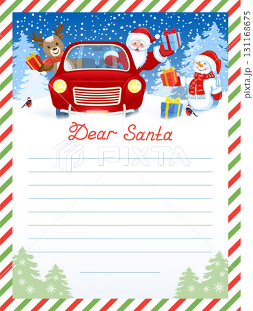 Santa letter template with wish list and Santa Claus and fawn deer in red vintage car with gift box against winter forest background and funny snowman. 131168675