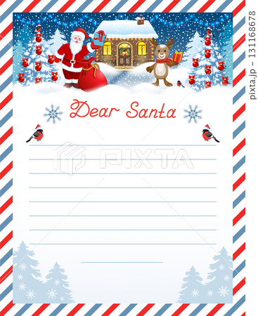 Santa letter template with wish list and funny Santa Claus and fawn deer with gift box against winter forest and house workshop background. Santa letter template with wish list and funny Santa Claus and fawn deer with gift box against winter forest and house workshop background. 131168678