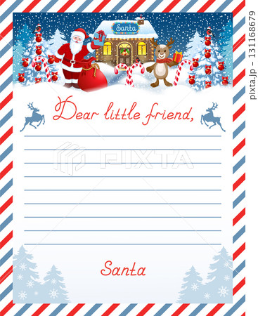 Layout letter from Santa Claus with inscription "Dear little friend" and cartoon funny Santa and fawn deer with gift box against winter forest and house workshop background. 131168679