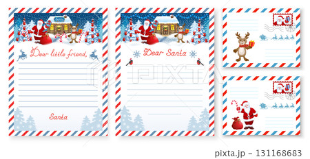 Set Christmas Envelope and wish list template. Layout wishlist letter to Santa Claus and from Santa with inscription "Dear little friend" and "Dear Santa". Set Christmas Envelope and wish list template. Layout wishlist letter to Santa Claus and from Santa with inscription "Dear little friend" and "Dear Santa". 131168683
