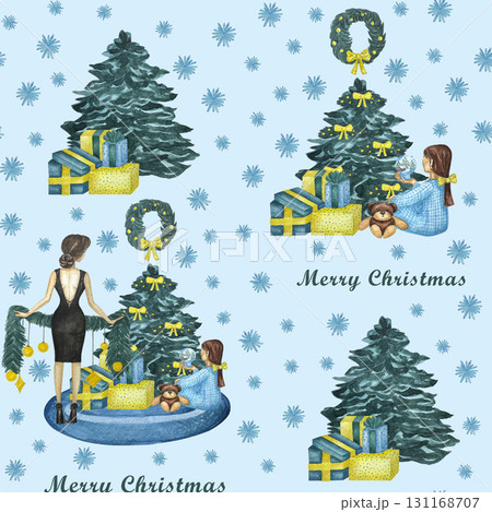 Watercolor Christmas seamless pattern, new year design background. Cute watercolor characters. Girl, woman, wreath, presents, christmas tree. Funny Xmas characters design. 131168707