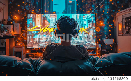 Cyberpunk gamer immersed in a neon-lit gaming session. Young man sitting on a bed immersed in gaming on a large television screen displaying "Cyberpunk" with a mountain landscape. Cyberpunk gamer immersed in a neon-lit gaming session. Young man sitting on a bed immersed in gaming on a large television screen displaying "Cyberpunk" with a mountain landscape. 131168800