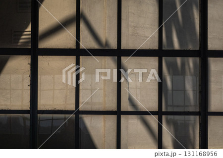 Industrial glass window grid with bold shadows and geometric light patterns Industrial glass window grid with bold shadows and geometric light patterns 131168956