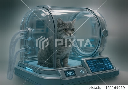 Cat in a high-tech medical incubator for recovery and treatment in a modern veterinary clinic setting 131169039