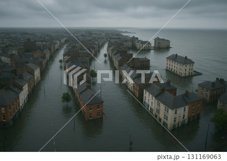 Flooded streets and submerged homes highlight the impact of severe weather in an urban area during a stormy day 131169063