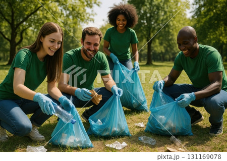 Volunteers clean park and collect litter during community service event on a sunny day 131169078