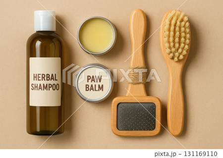 Herbal shampoo, paw balm, and grooming brush for pet care and wellness products displayed on a simple background 131169110
