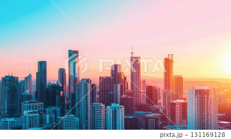 vibrant cityscape at sunset, showcasing modern skyscrapers and urban architecture. colorful sky transitions from blue to pink, creating stunning backdrop vibrant cityscape at sunset, showcasing modern skyscrapers and urban architecture. colorful sky transitions from blue to pink, creating stunning backdrop 131169128
