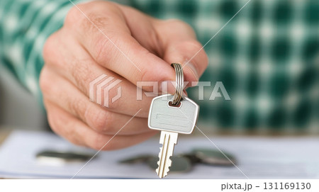 close up of hand holding house key, symbolizing new beginnings and home ownership. key is prominently displayed against blurred background of other keys 131169130
