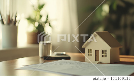 close up of house model on wooden table, surrounded by documents and plant. scene conveys sense of planning and homeownership 131169133