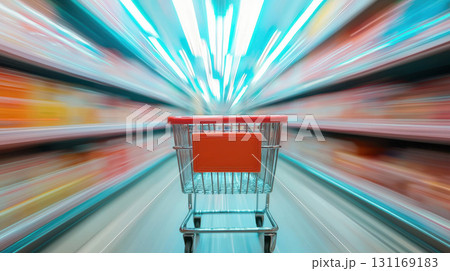 vibrant shopping cart stands out in blurred supermarket aisle, creating sense of motion and excitement. colorful products on shelves enhance shopping experience 131169183