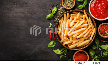 Crispy French fries served in bowl with fresh herbs and sauces. Enjoy delicious combination of flavors with ketchup and spices 131169192
