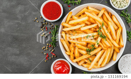 Crispy French fries served in bowl, garnished with herbs and spices, accompanied by sauces. Perfect for sharing or enjoying as snack 131169194