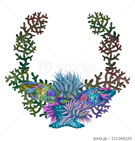Neon tropical parrotfish, colorful corals, anemones. Multicolored frame border with an underwater landscape. Watercolor template for nautical design, cards, tableware, stickers, scrapbook, textiles 131169220