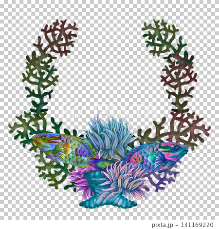 Neon tropical parrotfish, colorful corals, anemones. Multicolored frame border with an underwater landscape. Watercolor template for nautical design, cards, tableware, stickers, scrapbook, textiles 131169220