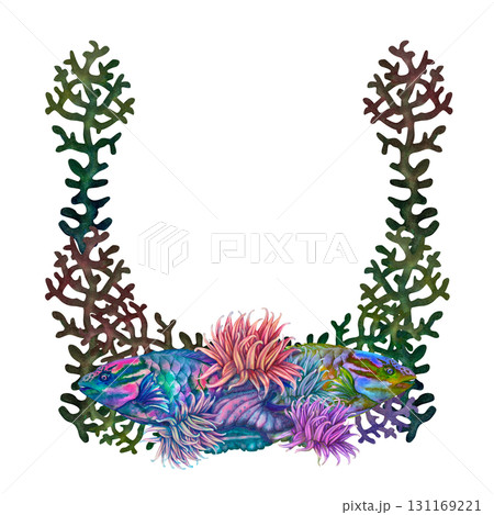 Neon tropical parrotfish, colorful corals, anemones. Multicolored frame border with an underwater landscape. Watercolor template for nautical design, cards, tableware, stickers, scrapbook, textiles 131169221