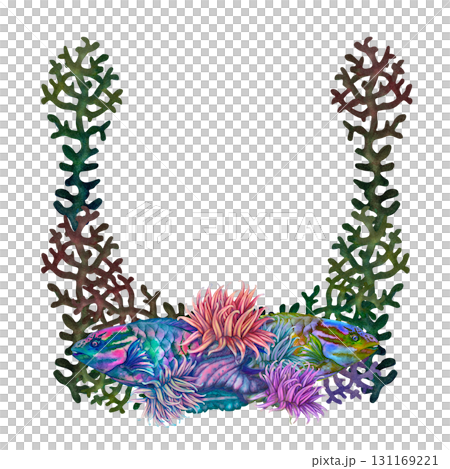 Neon tropical parrotfish, colorful corals, anemones. Multicolored frame border with an underwater landscape. Watercolor template for nautical design, cards, tableware, stickers, scrapbook, textiles 131169221