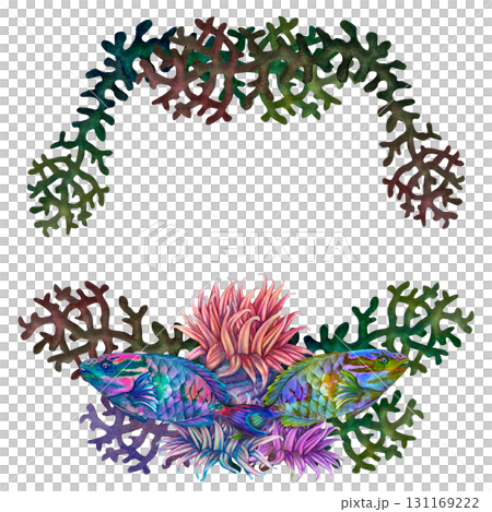 Neon tropical parrotfish, colorful corals, anemones. Multicolored frame border with an underwater landscape. Watercolor template for nautical design, cards, tableware, stickers, scrapbook, textiles Neon tropical parrotfish, colorful corals, anemones. Multicolored frame border with an underwater landscape. Watercolor template for nautical design, cards, tableware, stickers, scrapbook, textiles 131169222