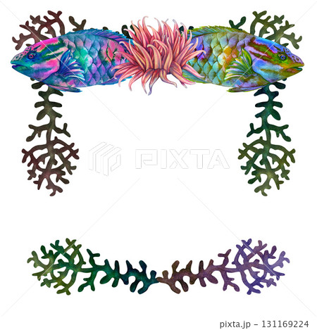 Neon tropical parrotfish, colorful corals, anemones. Multicolored frame border with an underwater landscape. Watercolor template for nautical design, cards, tableware, stickers, scrapbook, textiles 131169224