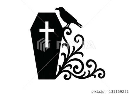 Halloween coffin silhouette with decorative scrollwork and raven, isolated on transparent Halloween coffin silhouette with decorative scrollwork and raven, isolated on transparent 131169231