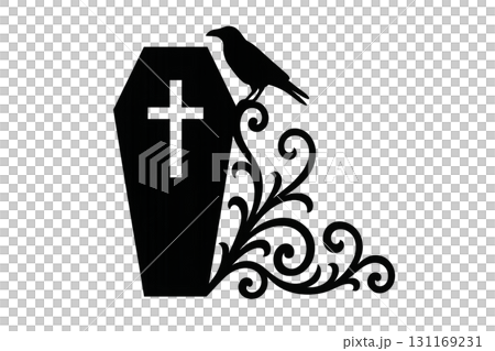 Halloween coffin silhouette with decorative scrollwork and raven, isolated on transparent Halloween coffin silhouette with decorative scrollwork and raven, isolated on transparent 131169231