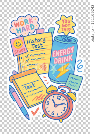 Back to school items including energy drink, history test, clock, and notes. Isolated on transparent background Back to school items including energy drink, history test, clock, and notes. Isolated on transparent background 131169242