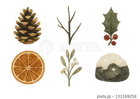 Wabi sabi winter elements featuring pine cone, orange slice, holly, isolated 131169258