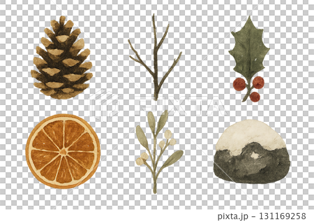 Wabi sabi winter elements featuring pine cone, orange slice, holly, isolated 131169258