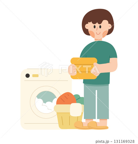Vector cartoon illustration of a young woman doing laundry with a washing machine. Household chores, domestic life, and work from home concept. Vector cartoon illustration of a young woman doing laundry with a washing machine. Household chores, domestic life, and work from home concept. 131169328