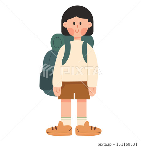 Vector cartoon illustration of traveller. Hiking, outdoor adventure, and exploration concept. 131169331